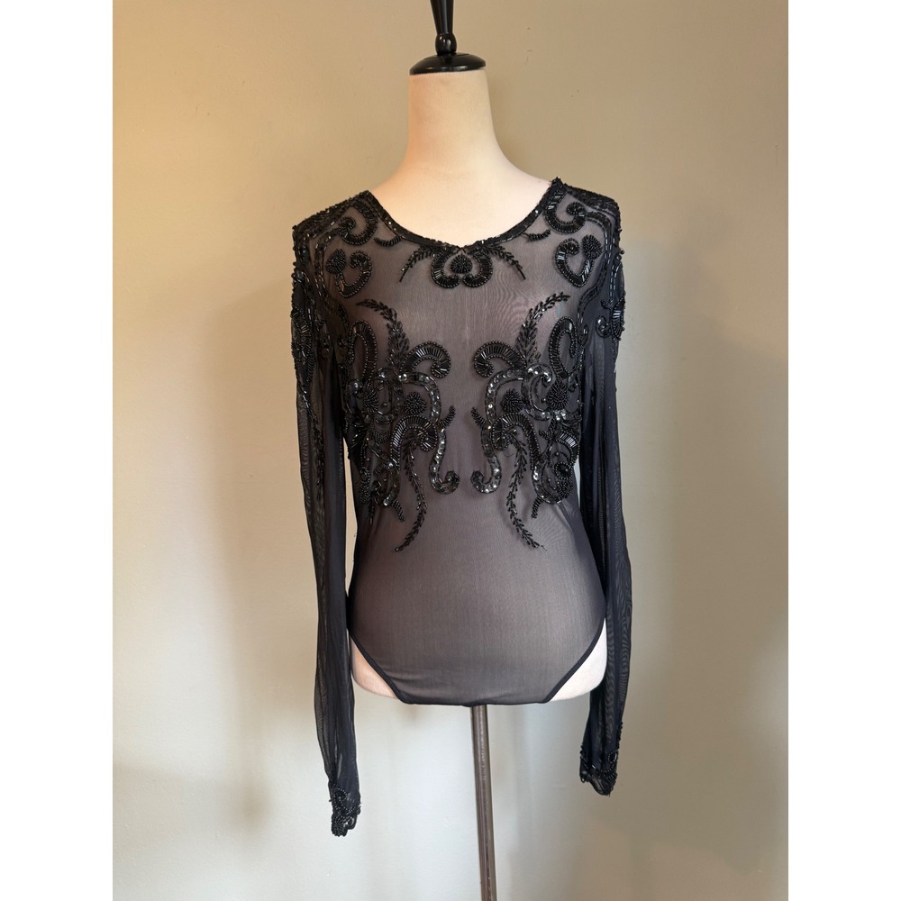 Tapesh Black Sheer Mesh Beaded Sequin Long Sleeve Bodysuit Large Vintage whimsig